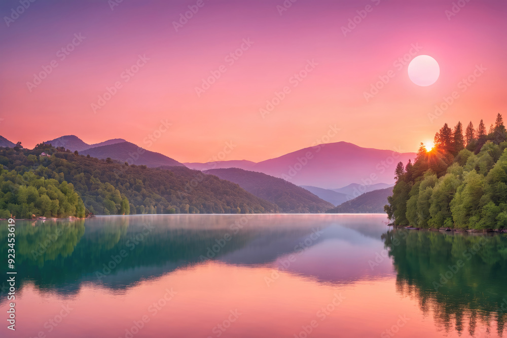 Fototapeta premium Stunning Sunset Over Serene Mountain Lake Surrounded by Lush Greenery and Reflective Waters