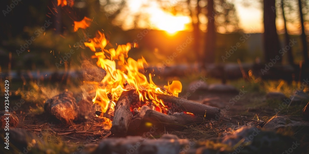 A crackling campfire burns in a forest clearing as the sun sets, casting a warm glow and invoking feelings of adventure, comfort, and the rustic charm of nature. A crackling campfire burns in a forest clearing as the sun sets, casting a warm glow and invoking feelings of adventure, comfort, and the rustic charm of nature.