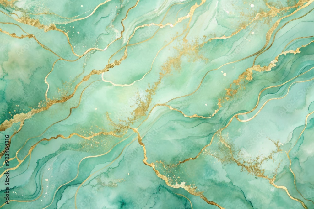 Soft pastel green aquamarine watercolor background with golden lines, featuring a mesmerizing liquid fluid marbled paper texture, perfect for elegant and sophisticated designs. Soft pastel green aquamarine watercolor background with golden lines, featuring a mesmerizing liquid fluid marbled paper texture, perfect for elegant and sophisticated designs.