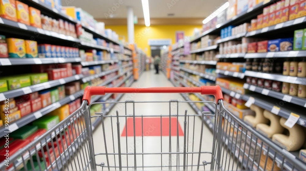 View from a shopping cart in a brightly lit supermarket aisle, with shelves stocked on both sides, slightly blurred for depth. View from a shopping cart in a brightly lit supermarket aisle, with shelves stocked on both sides, slightly blurred for depth.