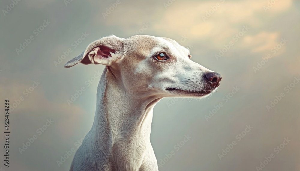 Elegant dog with a sleek coat poses against a soft, cloudy background during golden hour Elegant dog with a sleek coat poses against a soft, cloudy background during golden hour