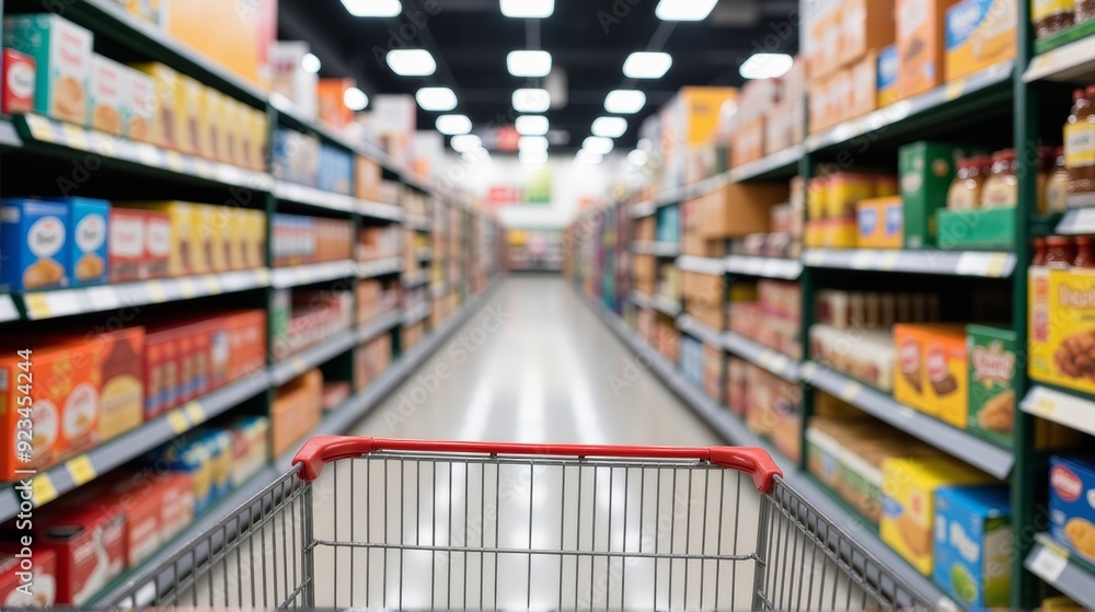 Fototapeta premium View from a shopping cart in a brightly lit supermarket aisle, with shelves stocked on both sides, slightly blurred for depth.