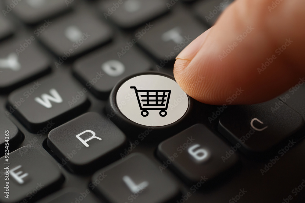 A hand is pressing a button on a keyboard that has a shopping cart on it. Online shopping A hand is pressing a button on a keyboard that has a shopping cart on it. Online shopping