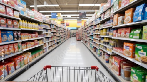 View from a shopping cart in a brightly lit supermarket aisle, with shelves stocked on both sides, slightly blurred for depth.