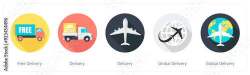 A set of 5 shopping icons as free delivery, delivery, global delivery