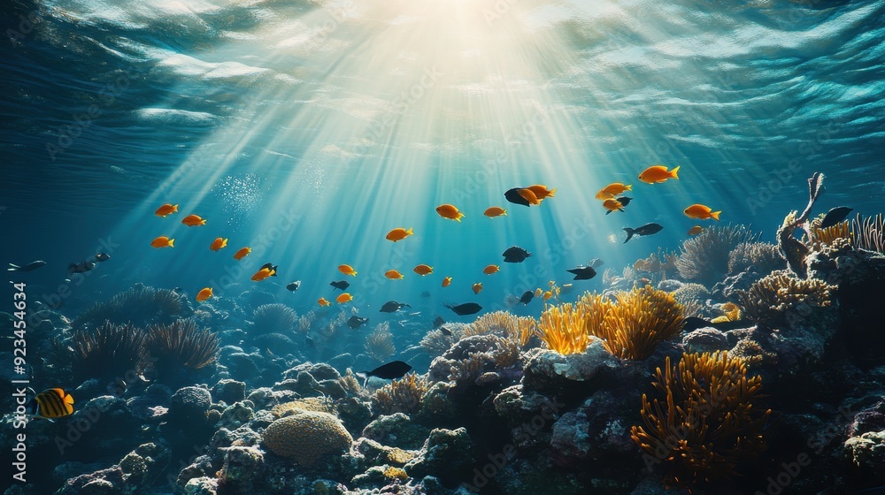 Naklejka premium Underwater Coral Reef with Sunbeams and Fish - Vibrant Tropical Seascape.