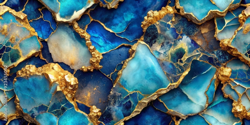 Obraz premium Vibrant blue liquid paint abstract background with mesmerizing gold mineral undertones, evoking a sense of luxury and nature's creative force in a seamless design pattern.