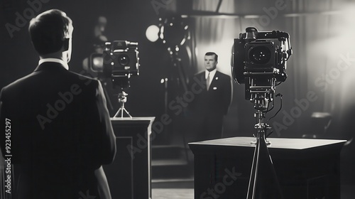Vintage Film Set with Camera and Crew in Black and White.
