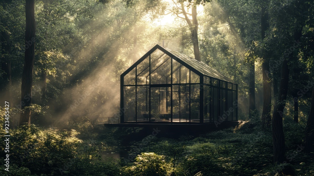 Modern Glass House in a Lush Forest with Sunlight Streaming Through the Trees. Modern Glass House in a Lush Forest with Sunlight Streaming Through the Trees.