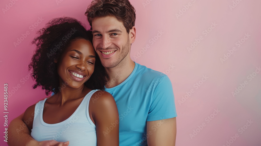 Obraz premium Happy Interracial Couple Smiling Against Pink Background, Perfect for Romantic Poster or Advertisement. Generative ai