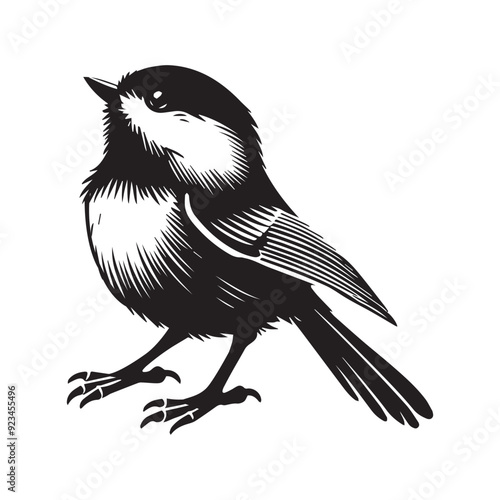 Black-capped chickadee Bird Clipart - Black-capped Chickadee Looking up  illustration in black and white