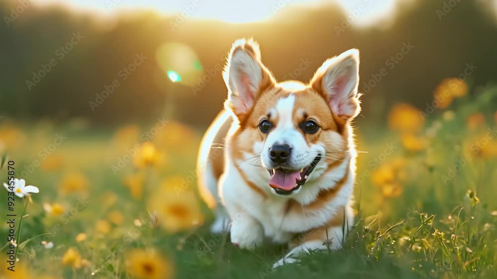 Excited Corgi Puppy Running in a Blooming Field of Clover and Grass Excited Corgi Puppy Running in a Blooming Field of Clover and Grass
