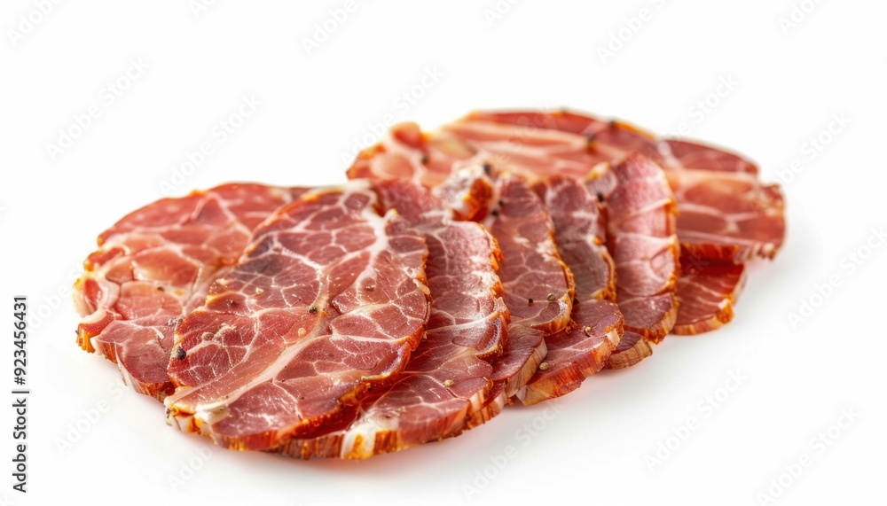 Thinly sliced cured meat arranged on a white surface ready for serving Thinly sliced cured meat arranged on a white surface ready for serving