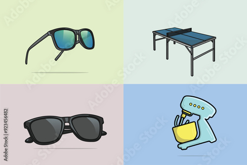 Collection of Sun Glasses with Table for Ping-Pong or Table Tennis and Stand Mixer vector illustration.