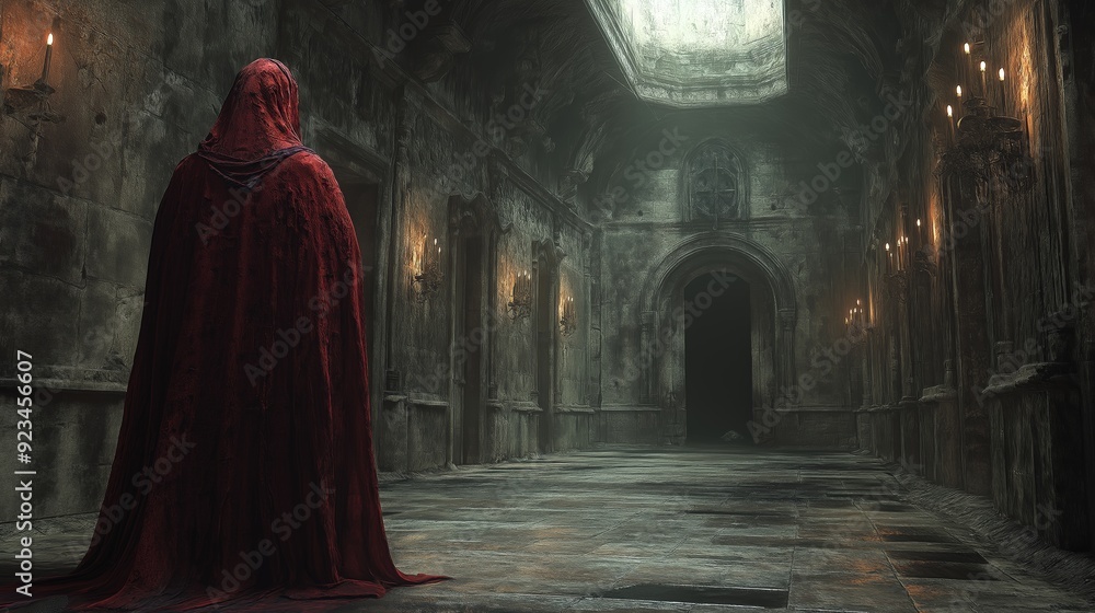 Vampire in a Gothic Castle Room with Dark and Foreboding Atmosphere. Detailed Textures of Cloak and Surroundings, Sinister and Mysterious Mood with Flickering Torches on the Walls Vampire in a Gothic Castle Room with Dark and Foreboding Atmosphere. Detailed Textures of Cloak and Surroundings, Sinister and Mysterious Mood with Flickering Torches on the Walls