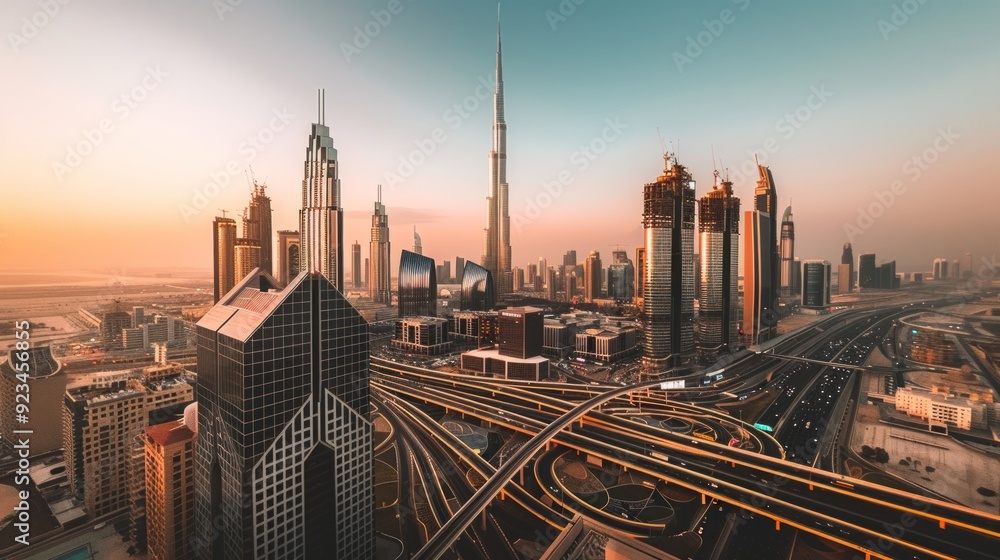 Obraz premium A vibrant cityscape captures the essence of modern architecture. The skyline features iconic buildings and busy highways. Discover the beauty of urban life and innovation. AI