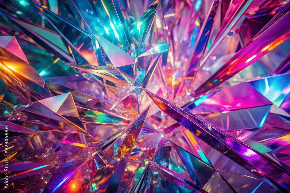 Vibrant shards of glass sparkle on a futuristic holographic backdrop, radiating rainbow hues of pink and purple, creating a mesmerizing, abstract, and trendy visual pattern. Vibrant shards of glass sparkle on a futuristic holographic backdrop, radiating rainbow hues of pink and purple, creating a mesmerizing, abstract, and trendy visual pattern.