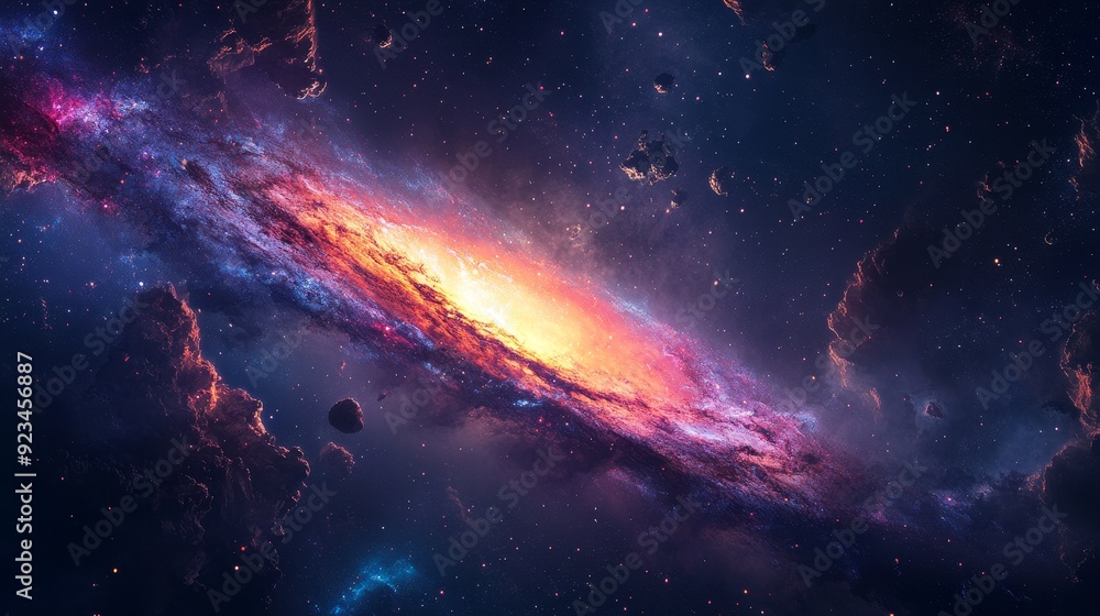 A vibrant spiral galaxy illuminated with bright colors against a dark starry background, symbolizing cosmic wonder, celestial beauty, the vastness of space, the mysteries of the universe, and the awe- A vibrant spiral galaxy illuminated with bright colors against a dark starry background, symbolizing cosmic wonder, celestial beauty, the vastness of space, the mysteries of the universe, and the awe-