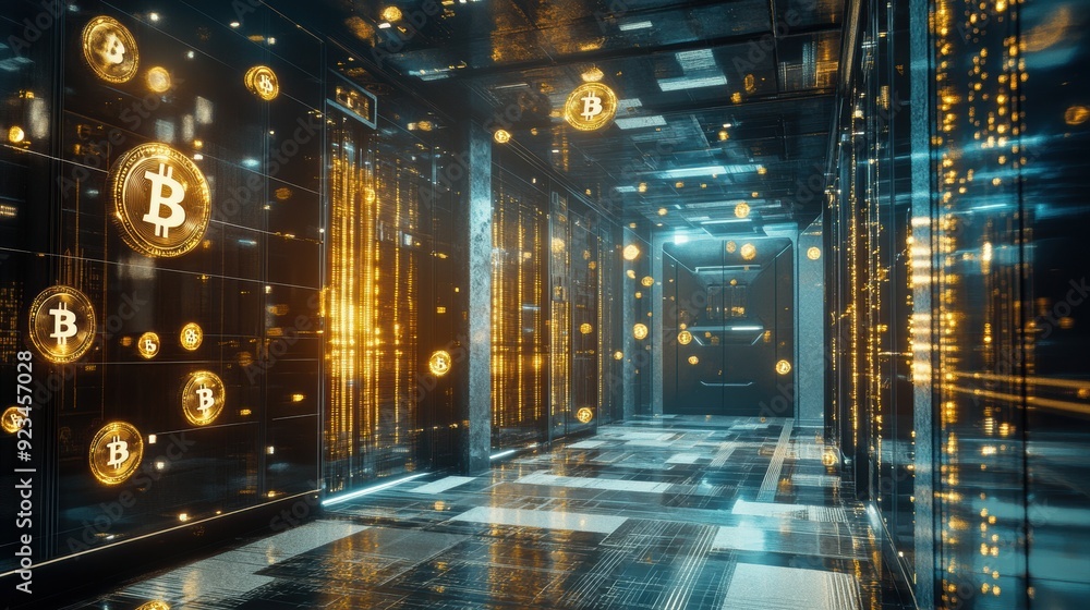 Futuristic Bitcoin Corridor with Golden Glow and Digital Currency Symbol - 3D Rendering. Futuristic Bitcoin Corridor with Golden Glow and Digital Currency Symbol - 3D Rendering.