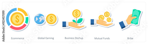 A set of 5 business icons as ecommerce, global earning, business startup