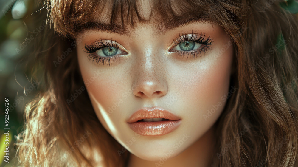 Elegant model with wavy hair and naturally blue-green eyes, gazing directly at the camera. Winged Elegant model with wavy hair and naturally blue-green eyes, gazing directly at the camera. Winged