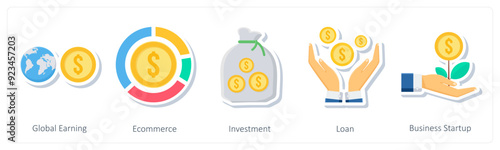 A set of 5 business icons as global earning, ecommerce, investment