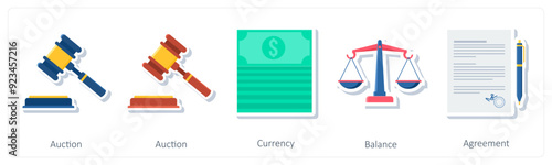 A set of 5 business icons as auction, currency, balance