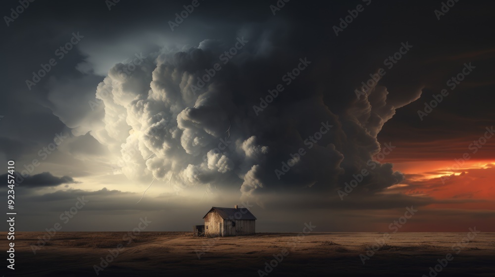 Twisted storm catastrophe cyclone cataclysm, vortex typhoon and single house. Neural network ai generated art Twisted storm catastrophe cyclone cataclysm, vortex typhoon and single house. Neural network ai generated art