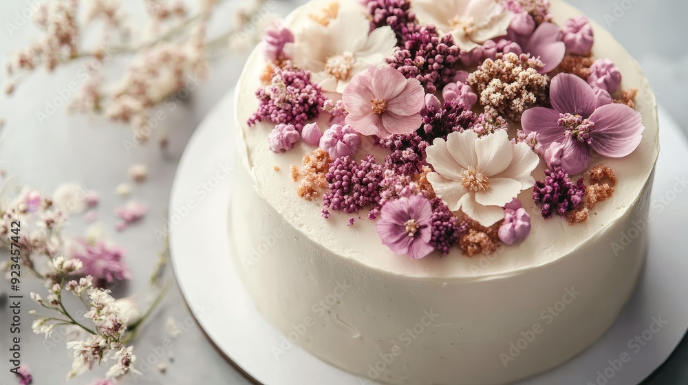 A white cake adorned with edible pink and white flowers, symbolizing love, celebration, beauty, sweetness, and new beginnings. A white cake adorned with edible pink and white flowers, symbolizing love, celebration, beauty, sweetness, and new beginnings.