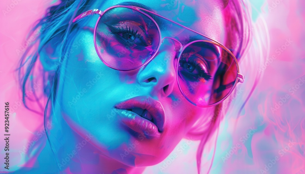 Portrait of a woman in stylish sunglasses with vibrant neon lighting Portrait of a woman in stylish sunglasses with vibrant neon lighting