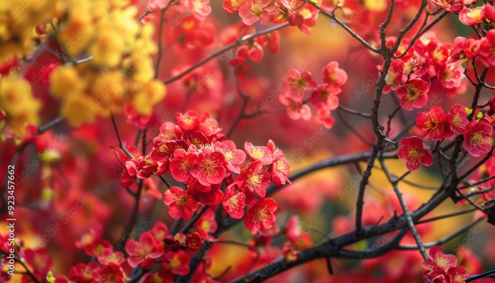 Cherry blossoms in full bloom during springtime, showcasing vibrant colors in a garden Cherry blossoms in full bloom during springtime, showcasing vibrant colors in a garden