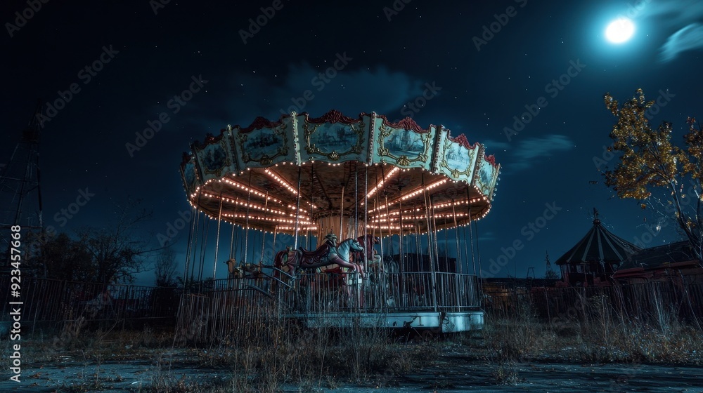 Abandoned Carousel Under a Starry Night Sky with Full Moon Abandoned Carousel Under a Starry Night Sky with Full Moon