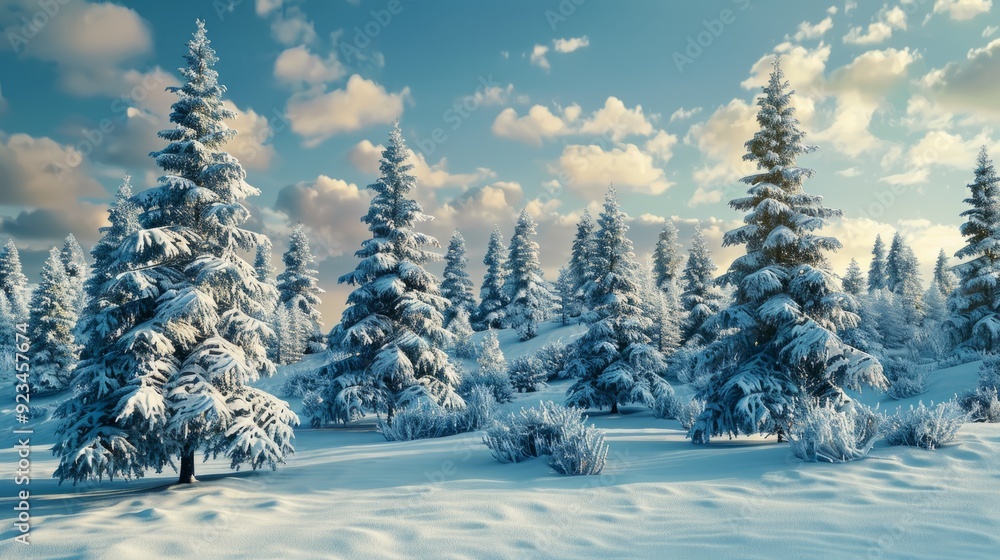 Snow-covered pine trees in a winter wonderland Snow-covered pine trees in a winter wonderland