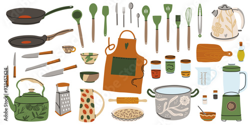 Kitchen utensils. Kitchenware tools and equipment. Frying pan, saucepan, knives and forks. Cutlery objects for food cooking modern contemporary crockery cartoon flat style isolated vector illustration
