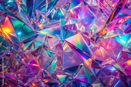 Vibrant holographic background with shattered glass shards, radiant rainbow reflexes in pink and purple hues, creating an abstract, mesmerizing, and magical trendy pattern.
