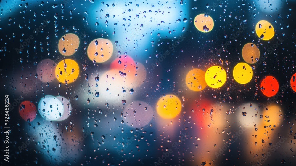 Raindrops on Window with City Lights Bokeh at Night. Raindrops on Window with City Lights Bokeh at Night.