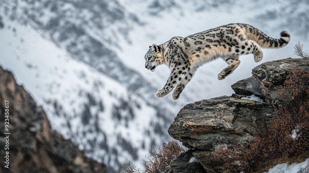 Fototapeta premium Majestic Snow Leopard Leaping Between Rocky Cliffs in Snowy Mountains.