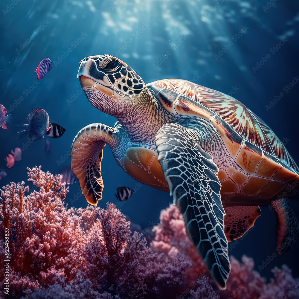 Obraz premium Green Sea Turtle Swimming Through Coral Reef Underwater.