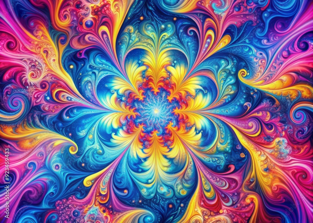 Vibrant swirling shapes of pink, blue, and yellow liquids blend in a mesmerizing psychedelic background, bursting with intricate patterns and kaleidoscope-like colors. Vibrant swirling shapes of pink, blue, and yellow liquids blend in a mesmerizing psychedelic background, bursting with intricate patterns and kaleidoscope-like colors.