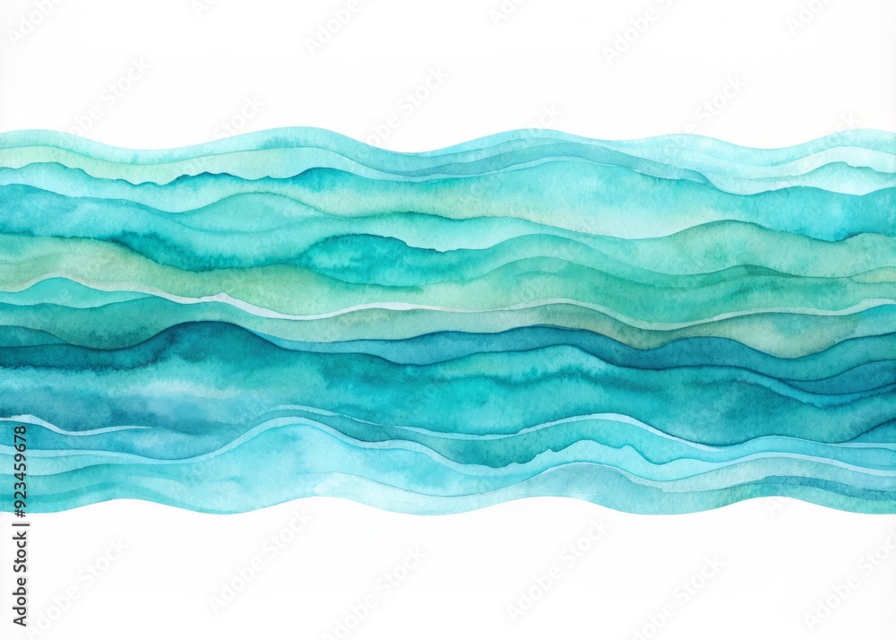 Fototapeta premium Vibrant aquamarine watercolor strip with multilayered, wavy textures and soft, blended edges, evoking a serene and calming ocean-inspired abstract background or design element.