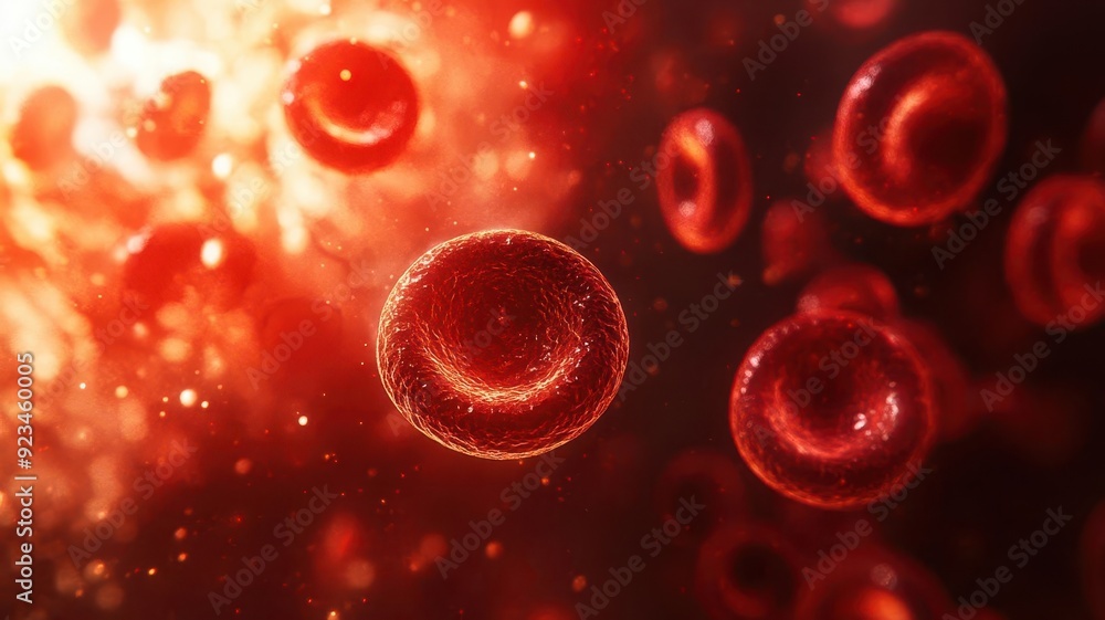 Microscopic view of red cells in a bright, glowing environment, showcasing their biconcave shape Microscopic view of red cells in a bright, glowing environment, showcasing their biconcave shape