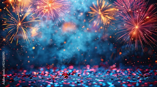 4th of july fireworks with confetti on pastel blue background happy independence day usa concept.