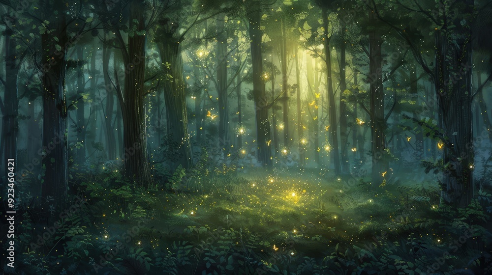 An enchanting forest at twilight, with the trees bathed in the soft glow of the setting sun An enchanting forest at twilight, with the trees bathed in the soft glow of the setting sun