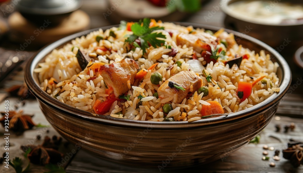 Delicious chicken biryani served in a rustic bowl on a wooden table with scattered spices Delicious chicken biryani served in a rustic bowl on a wooden table with scattered spices