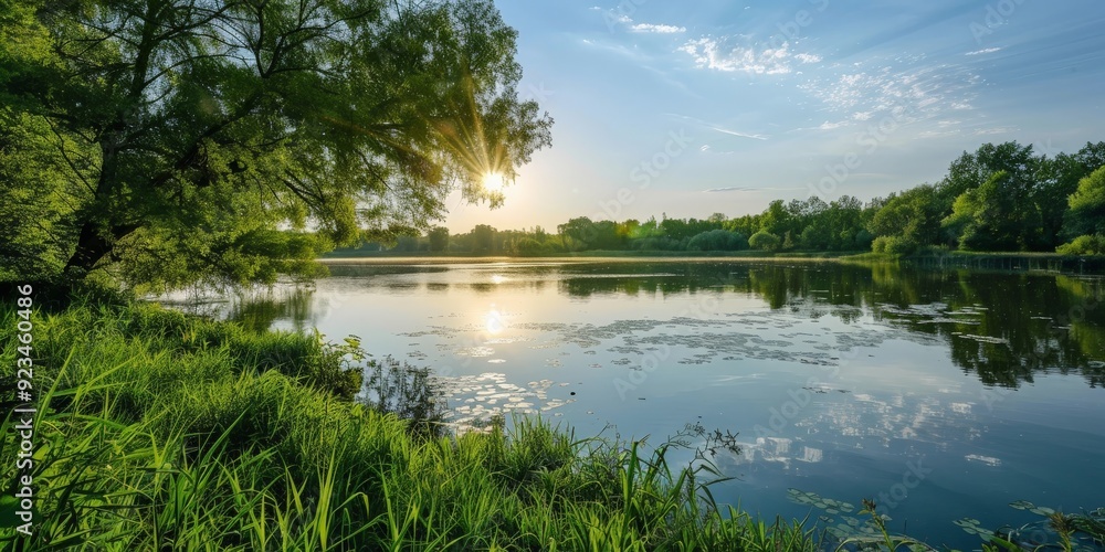 The sun sets over a calm lake surrounded by lush, green trees, casting a golden hue across the water and filling the scenery with tranquility and natural beauty. The sun sets over a calm lake surrounded by lush, green trees, casting a golden hue across the water and filling the scenery with tranquility and natural beauty.