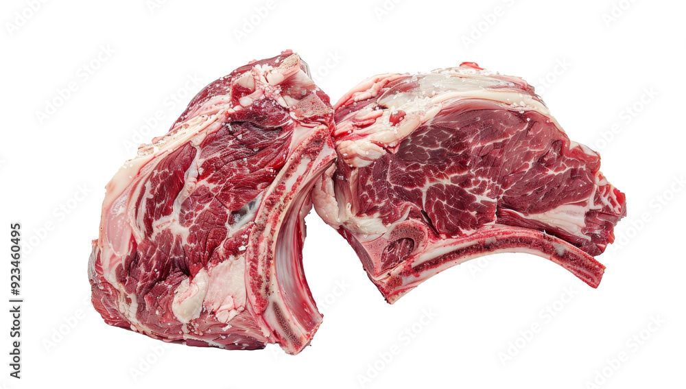 Two lamb chops shoulders, each cut in half and marbled with fat on a white isolated transparent background. Food photography. Two lamb chops shoulders, each cut in half and marbled with fat on a white isolated transparent background. Food photography.