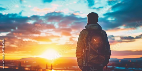 A lone individual with a backpack stands on a hillside, witnessing a breathtaking sunset over a landscape of rolling hills and valleys beneath a dramatic, colorful sky.