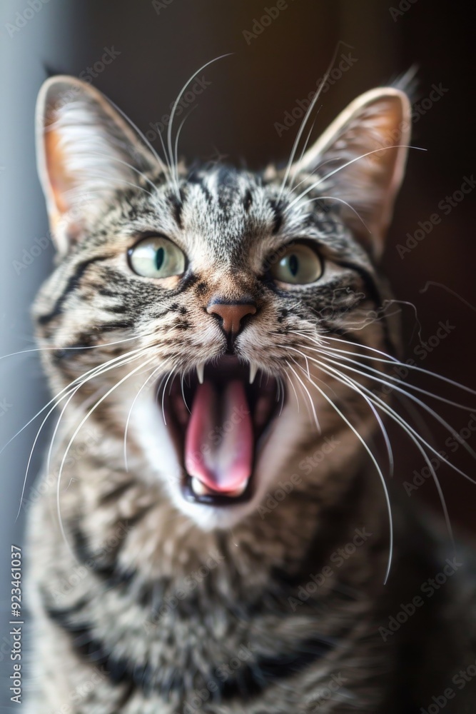A surprised tabby cat with its mouth open and wide eyes, showcasing its expressive face and striped fur, capturing a moment of curiosity, playfulness, and feline charm. A surprised tabby cat with its mouth open and wide eyes, showcasing its expressive face and striped fur, capturing a moment of curiosity, playfulness, and feline charm.