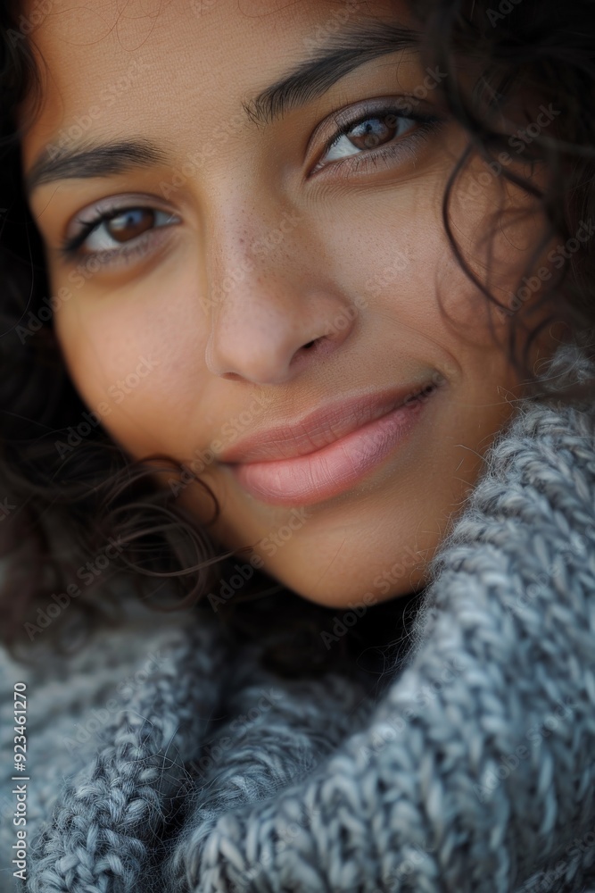 A close-up portrait of a woman bundled in a warm scarf, her curly hair framing her smiling face. The image captures a sense of comfort and natural beauty in the cold. A close-up portrait of a woman bundled in a warm scarf, her curly hair framing her smiling face. The image captures a sense of comfort and natural beauty in the cold.