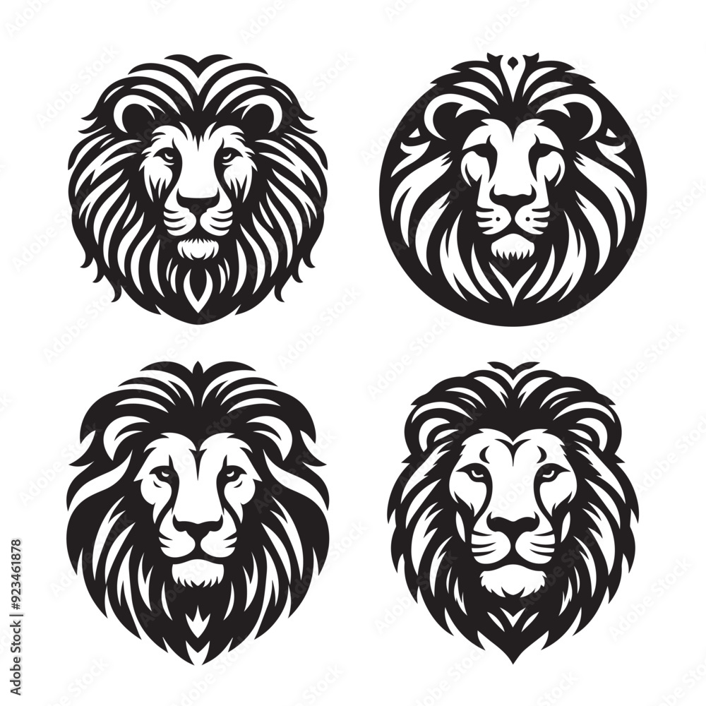 Set of Four Black silhouettes Lion Head Vector art illustration Logos Set of Four Black silhouettes Lion Head Vector art illustration Logos